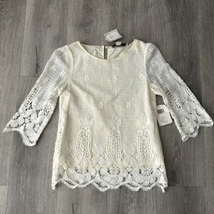 Crochet Ivory Lace Blouse Scalloped Sleeve Shirt XS Women’s Top